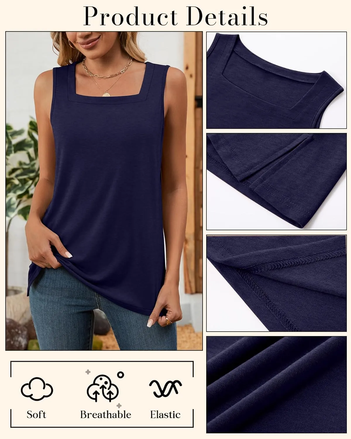 Huukeay 3 Pack Summer Women's Tank Tops Cotton Sleeveless Shirt Loose Fit Square Neck Tank Top with Side Slits