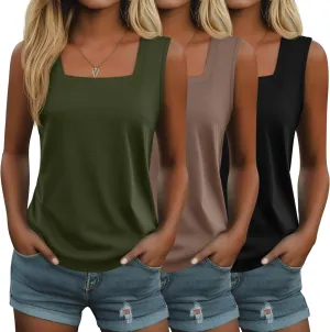 Huukeay 3 Pack Summer Women's Tank Tops Cotton Sleeveless Shirt Loose Fit Square Neck Tank Top with Side Slits