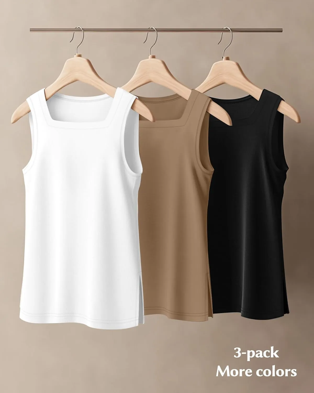 Huukeay 3 Pack Summer Women's Tank Tops Cotton Sleeveless Shirt Loose Fit Square Neck Tank Top with Side Slits