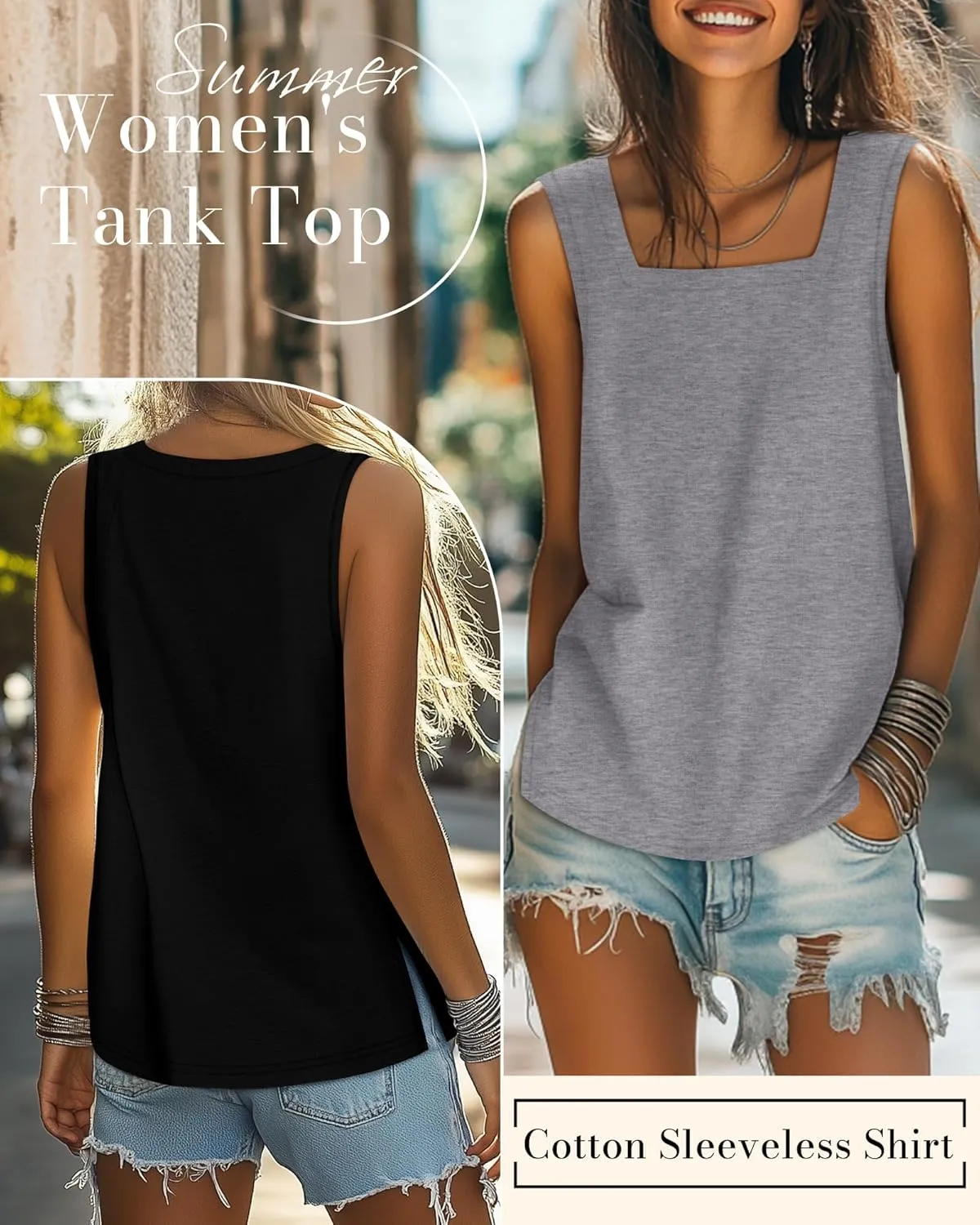 Huukeay 3 Pack Summer Women's Tank Tops Cotton Sleeveless Shirt Loose Fit Square Neck Tank Top with Side Slits