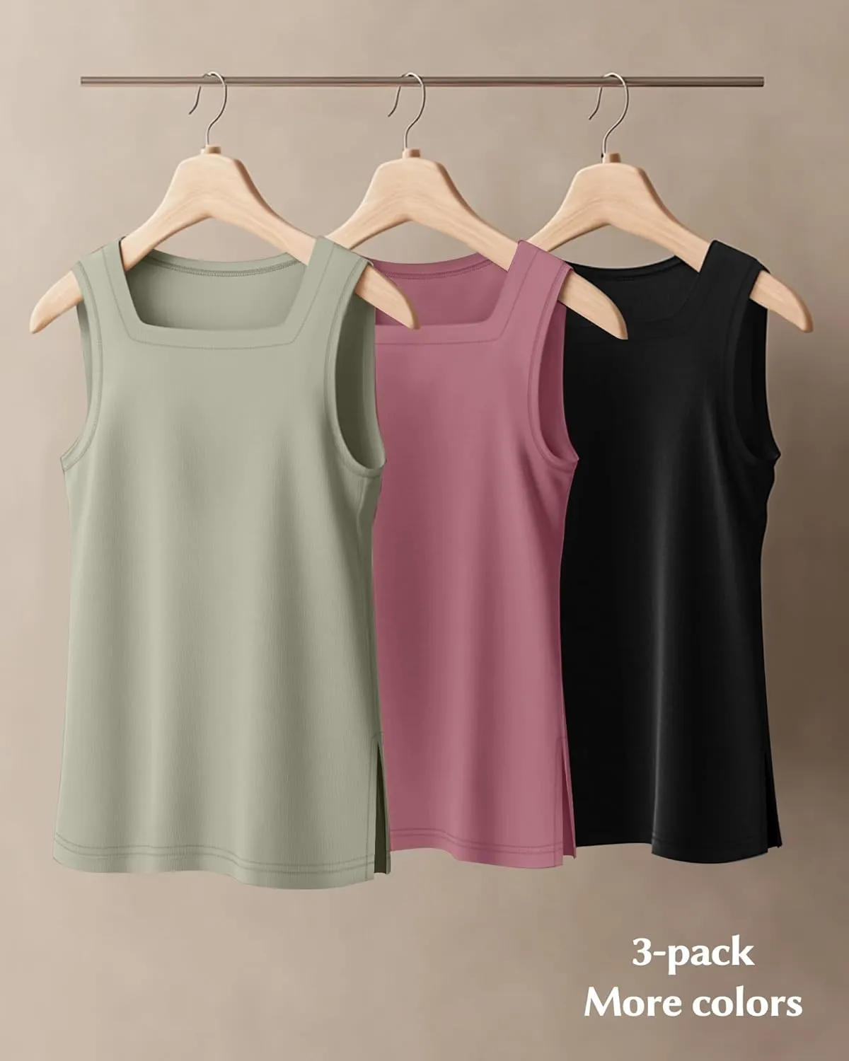 Huukeay 3 Pack Summer Women's Tank Tops Cotton Sleeveless Shirt Loose Fit Square Neck Tank Top with Side Slits