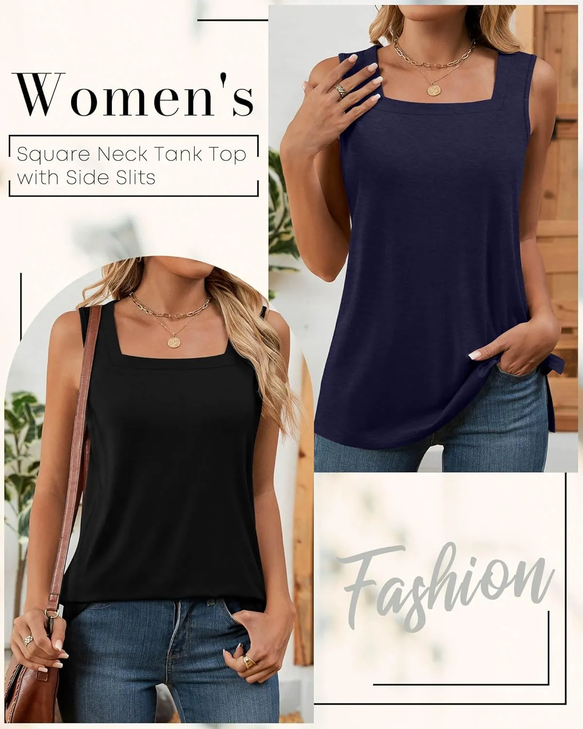 Huukeay 3 Pack Summer Women's Tank Tops Cotton Sleeveless Shirt Loose Fit Square Neck Tank Top with Side Slits