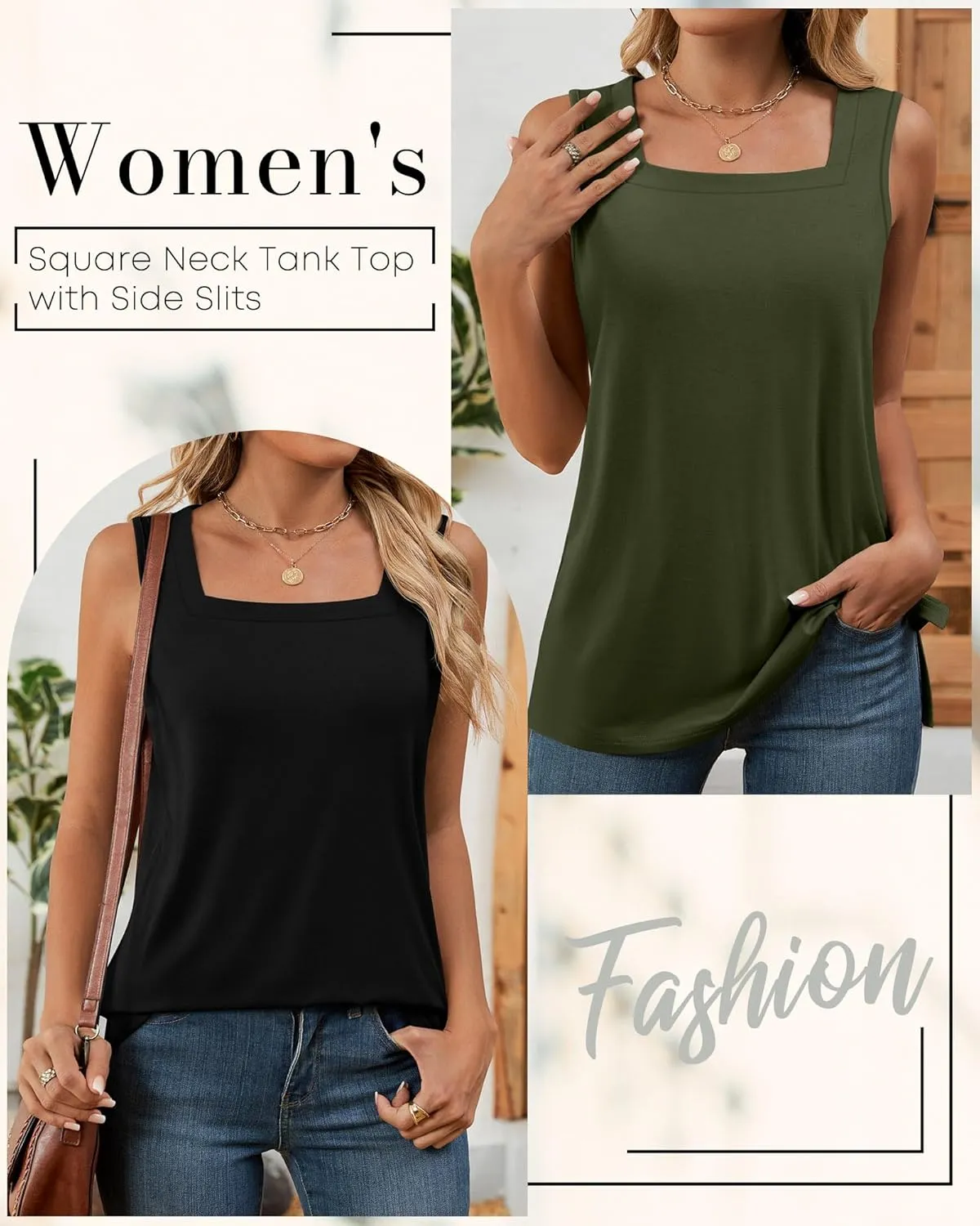 Huukeay 3 Pack Summer Women's Tank Tops Cotton Sleeveless Shirt Loose Fit Square Neck Tank Top with Side Slits