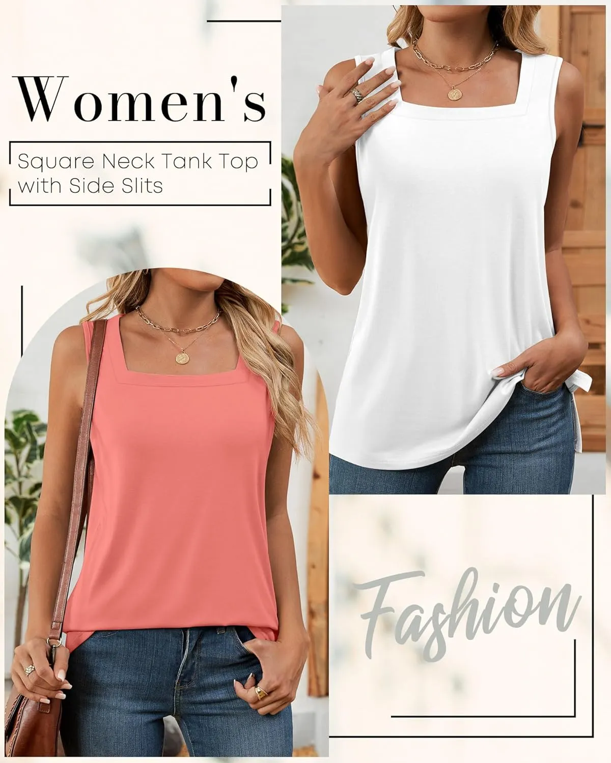 Huukeay 3 Pack Summer Women's Tank Tops Cotton Sleeveless Shirt Loose Fit Square Neck Tank Top with Side Slits