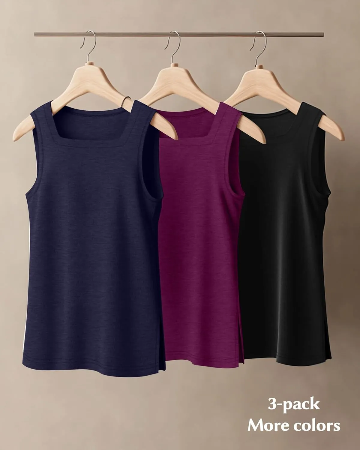Huukeay 3 Pack Summer Women's Tank Tops Cotton Sleeveless Shirt Loose Fit Square Neck Tank Top with Side Slits