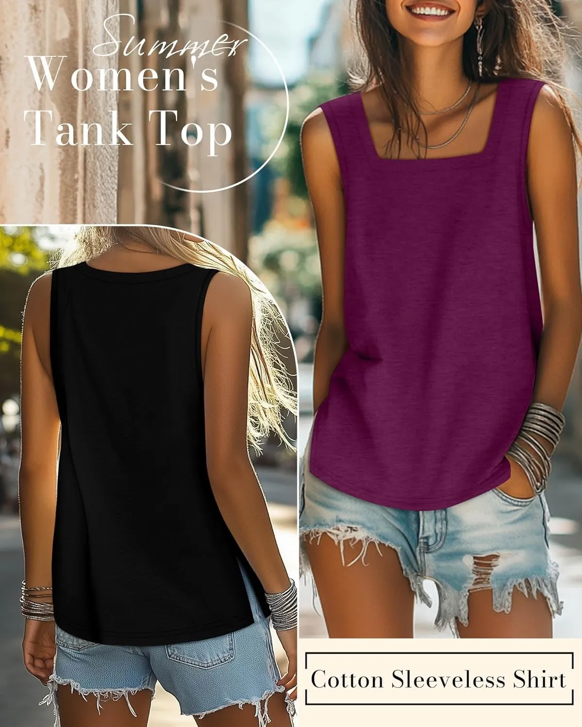 Huukeay 3 Pack Summer Women's Tank Tops Cotton Sleeveless Shirt Loose Fit Square Neck Tank Top with Side Slits