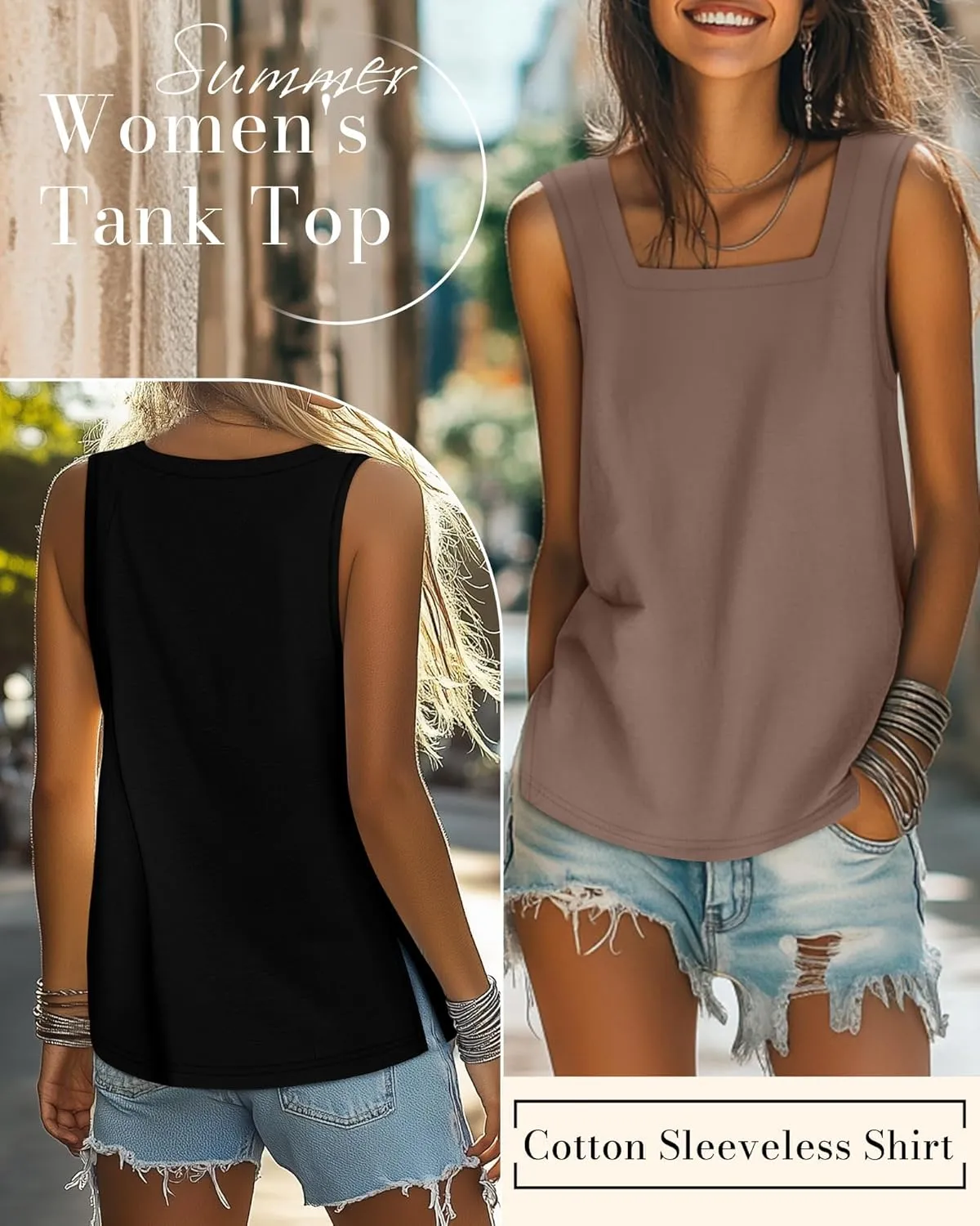 Huukeay 3 Pack Summer Women's Tank Tops Cotton Sleeveless Shirt Loose Fit Square Neck Tank Top with Side Slits