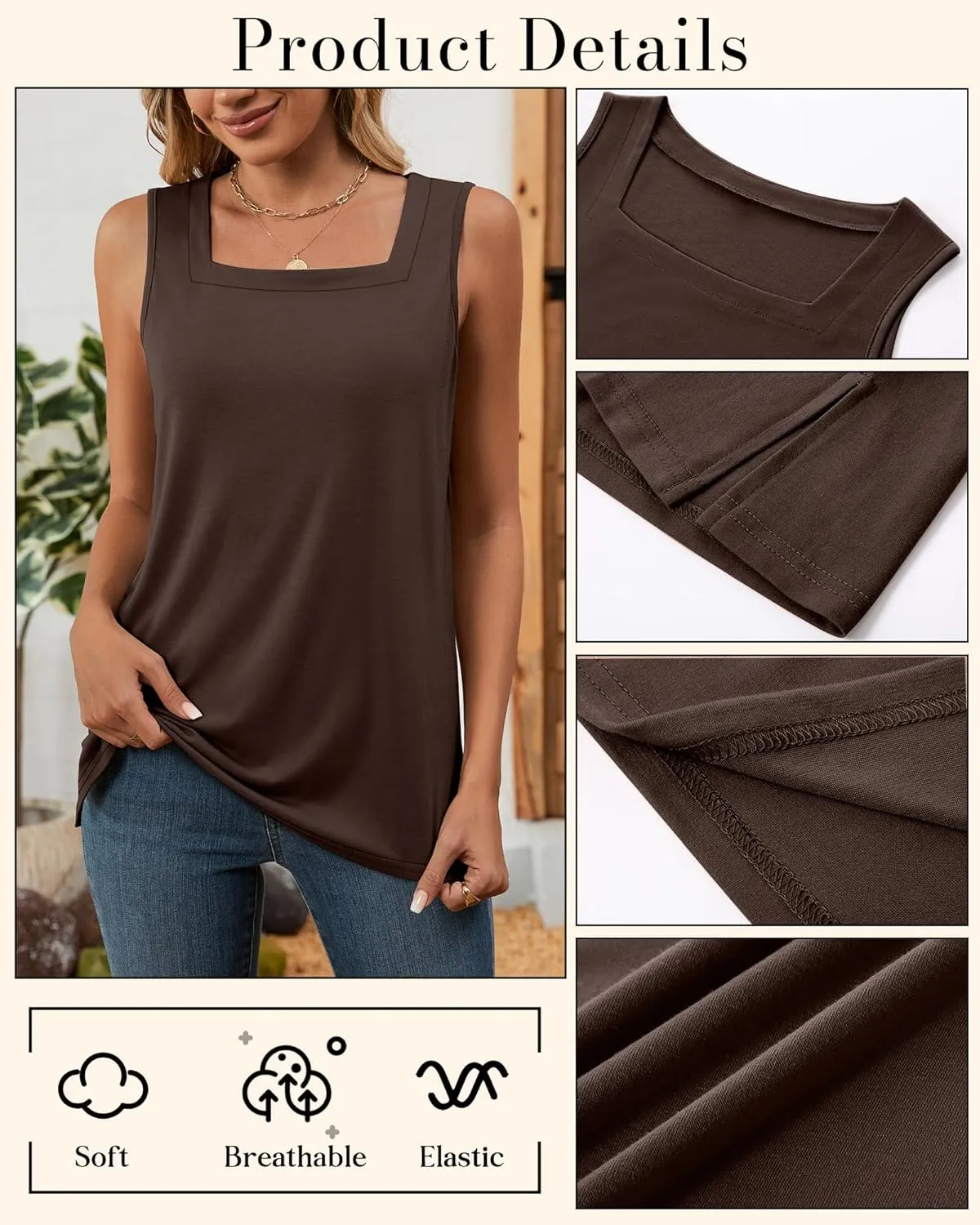 Huukeay 3 Pack Summer Women's Tank Tops Cotton Sleeveless Shirt Loose Fit Square Neck Tank Top with Side Slits