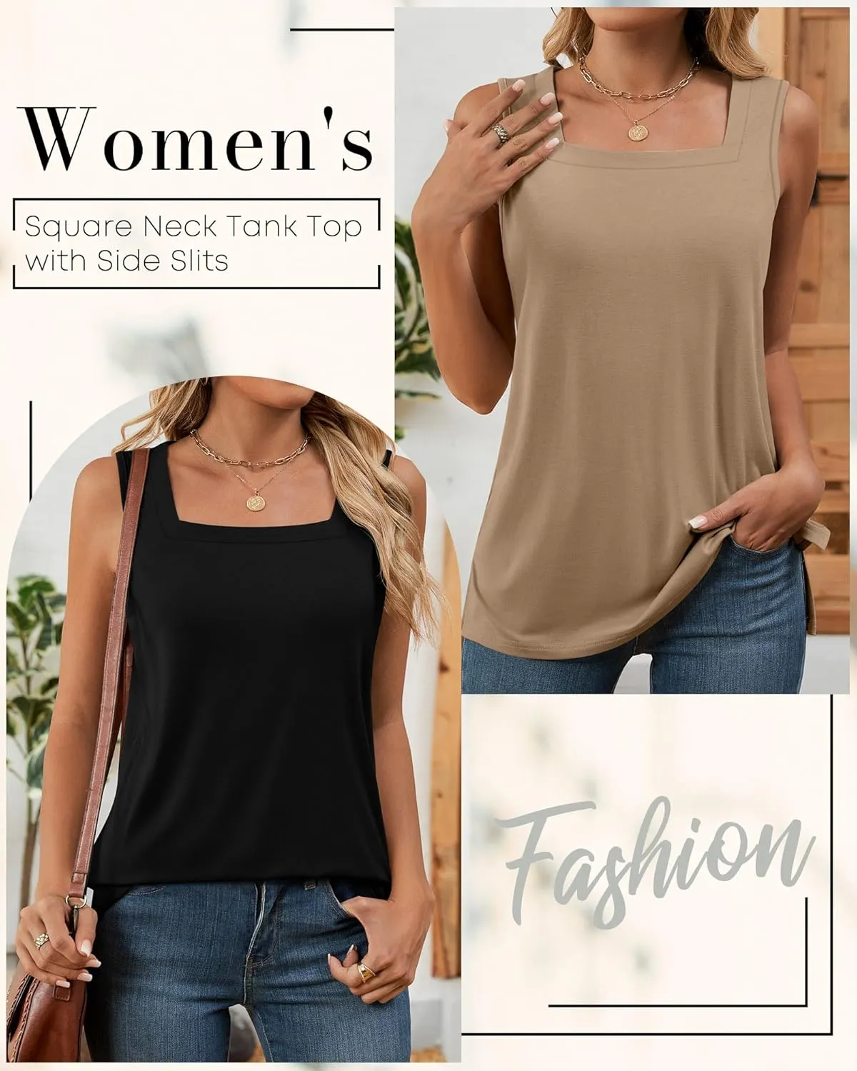 Huukeay 3 Pack Summer Women's Tank Tops Cotton Sleeveless Shirt Loose Fit Square Neck Tank Top with Side Slits