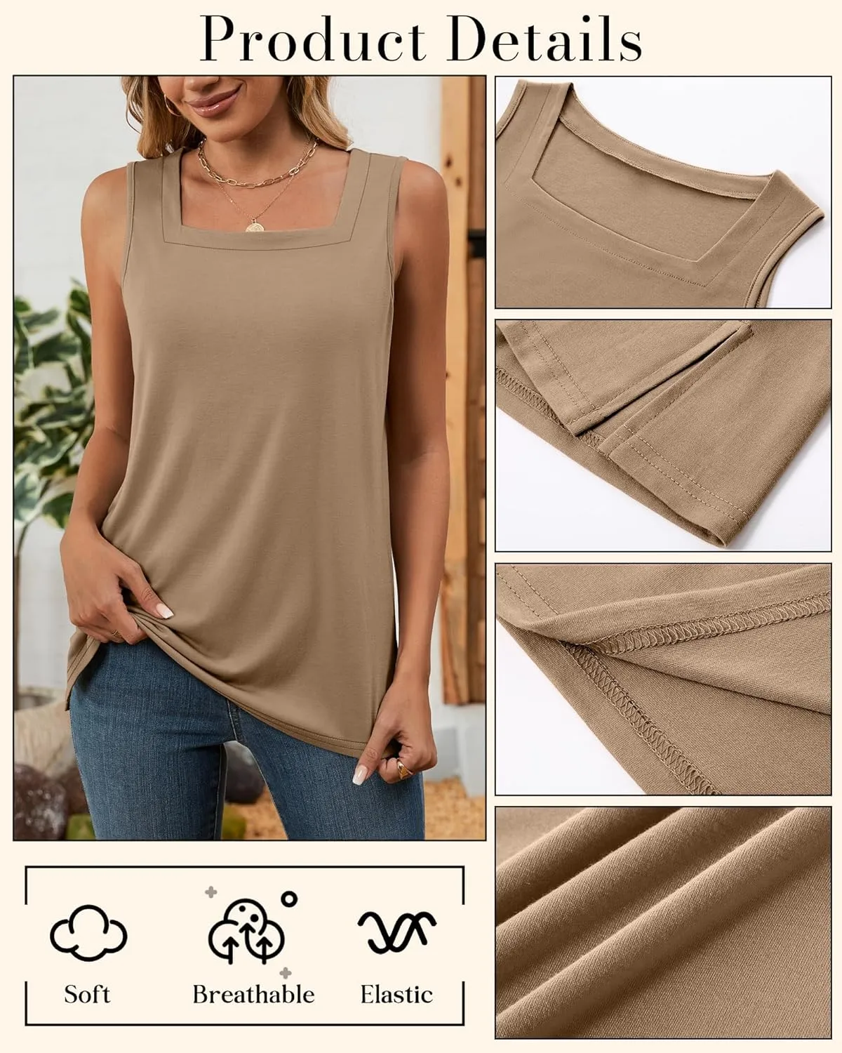Huukeay 3 Pack Summer Women's Tank Tops Cotton Sleeveless Shirt Loose Fit Square Neck Tank Top with Side Slits