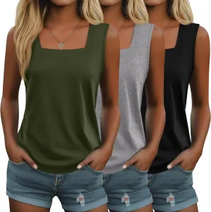 Huukeay 3 Pack Summer Women's Tank Tops Cotton Sleeveless Shirt Loose Fit Square Neck Tank Top with Side Slits