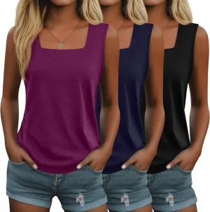 Huukeay 3 Pack Summer Women's Tank Tops Cotton Sleeveless Shirt Loose Fit Square Neck Tank Top with Side Slits