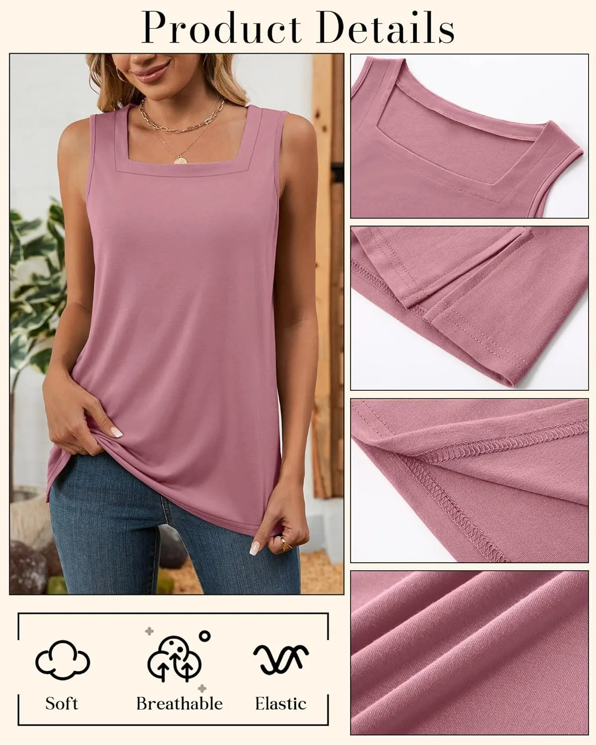 Huukeay 3 Pack Summer Women's Tank Tops Cotton Sleeveless Shirt Loose Fit Square Neck Tank Top with Side Slits