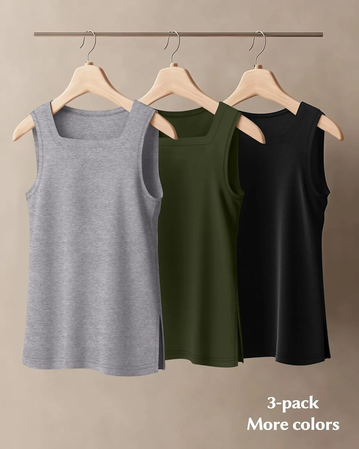 Huukeay 3 Pack Summer Women's Tank Tops Cotton Sleeveless Shirt Loose Fit Square Neck Tank Top with Side Slits