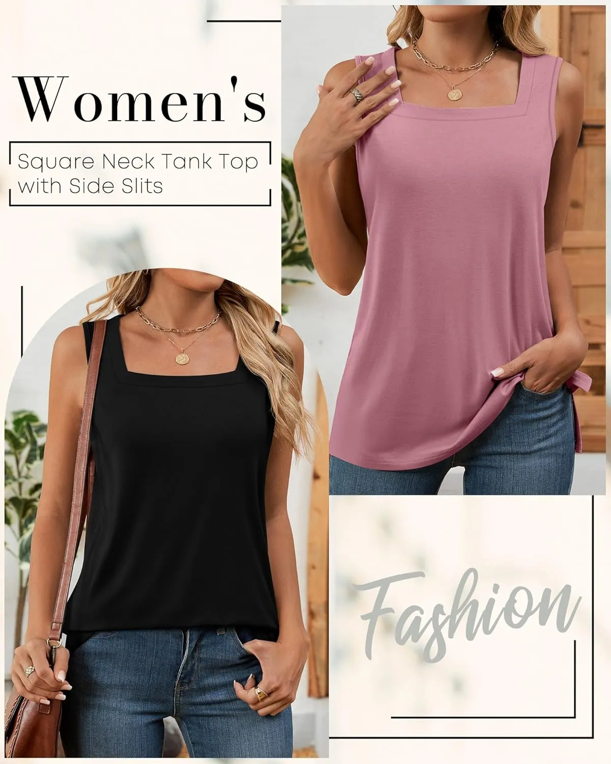 Huukeay 3 Pack Summer Women's Tank Tops Cotton Sleeveless Shirt Loose Fit Square Neck Tank Top with Side Slits