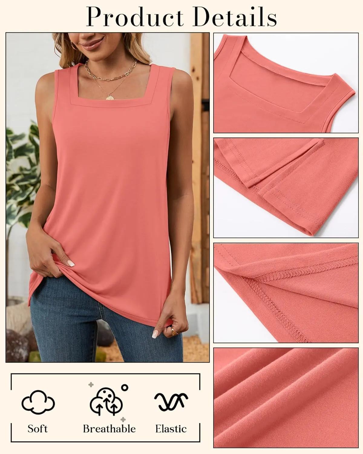 Huukeay 3 Pack Summer Women's Tank Tops Cotton Sleeveless Shirt Loose Fit Square Neck Tank Top with Side Slits