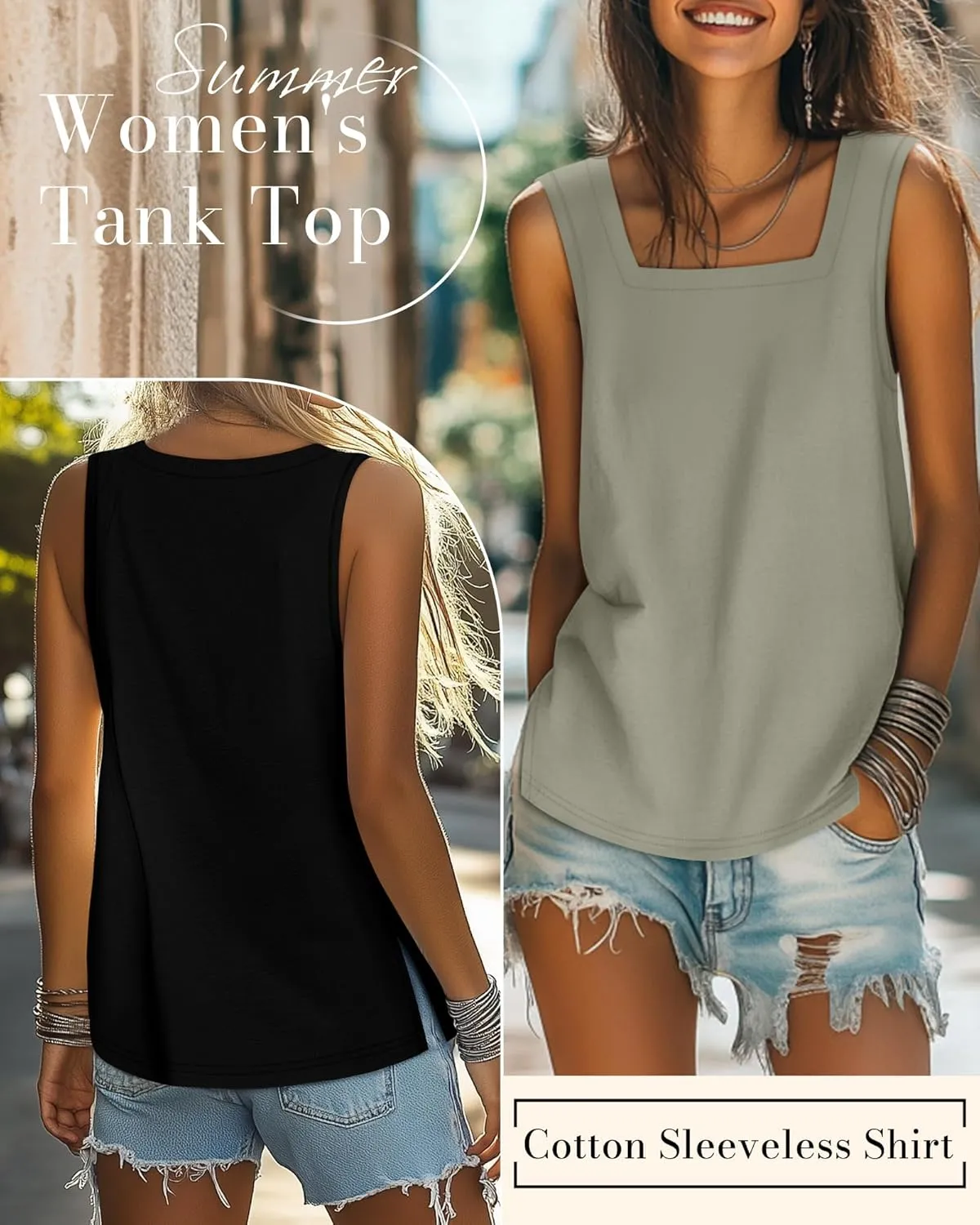 Huukeay 3 Pack Summer Women's Tank Tops Cotton Sleeveless Shirt Loose Fit Square Neck Tank Top with Side Slits