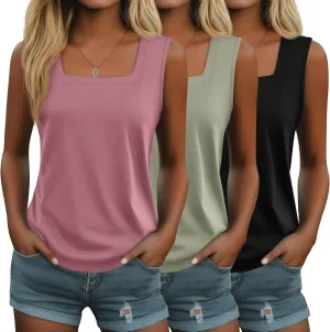 Huukeay 3 Pack Summer Women's Tank Tops Cotton Sleeveless Shirt Loose Fit Square Neck Tank Top with Side Slits