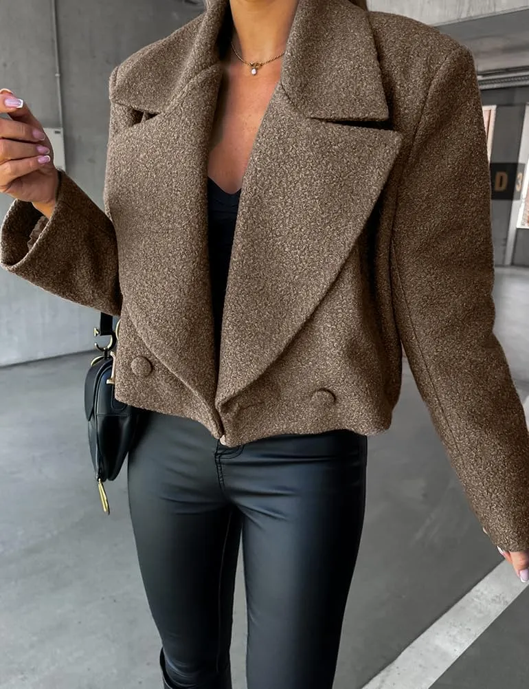 IDEALSANXUN Cropped Trench Coat for Women Fall Winter Double Breasted Blazer Jackets Short Pea Coat