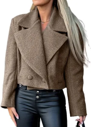 IDEALSANXUN Cropped Trench Coat for Women Fall Winter Double Breasted Blazer Jackets Short Pea Coat