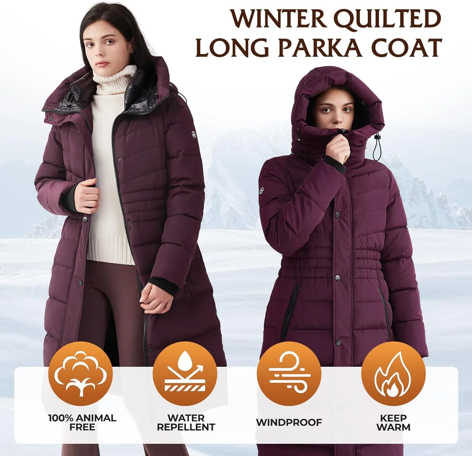 IKAZZ Women's Winter Coats, Thickened Warm Insulated Vegan Down Long Parka Jacket with Hood