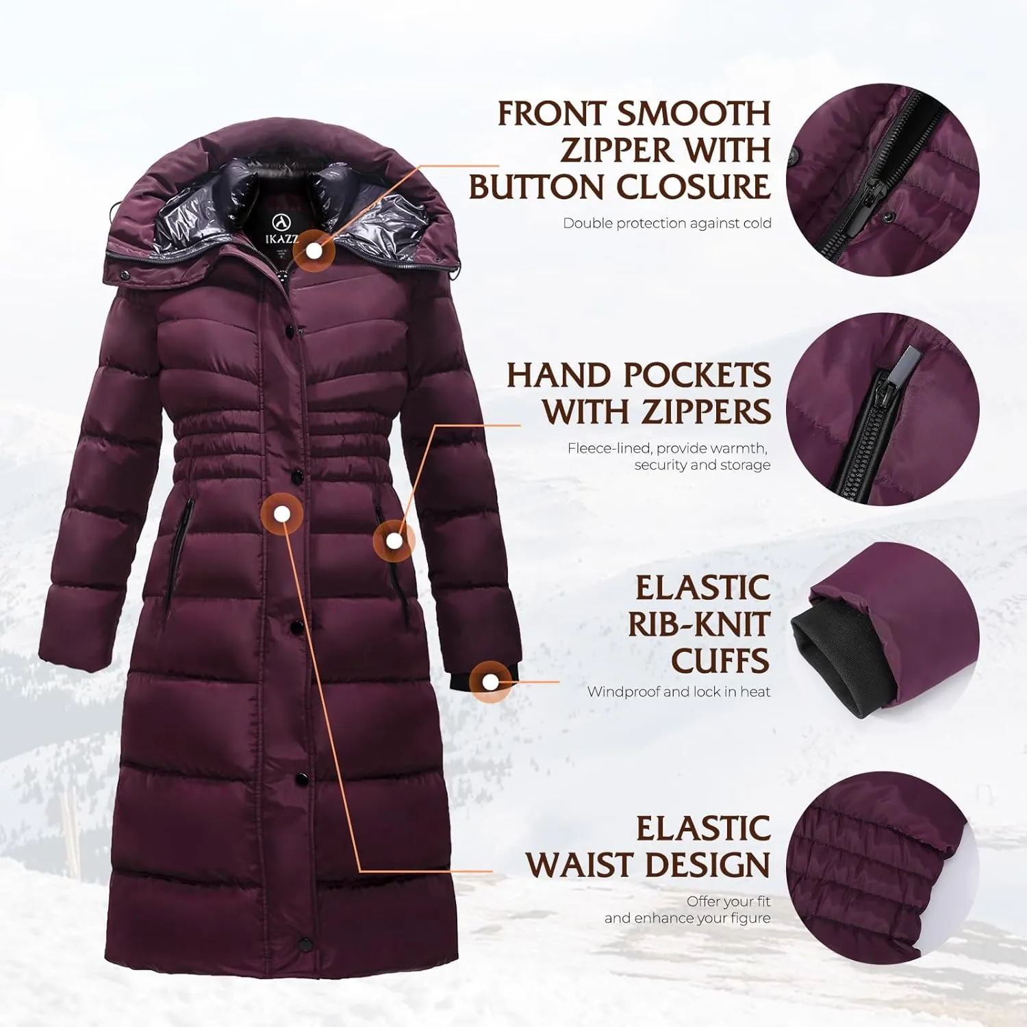 IKAZZ Women's Winter Coats, Thickened Warm Insulated Vegan Down Long Parka Jacket with Hood