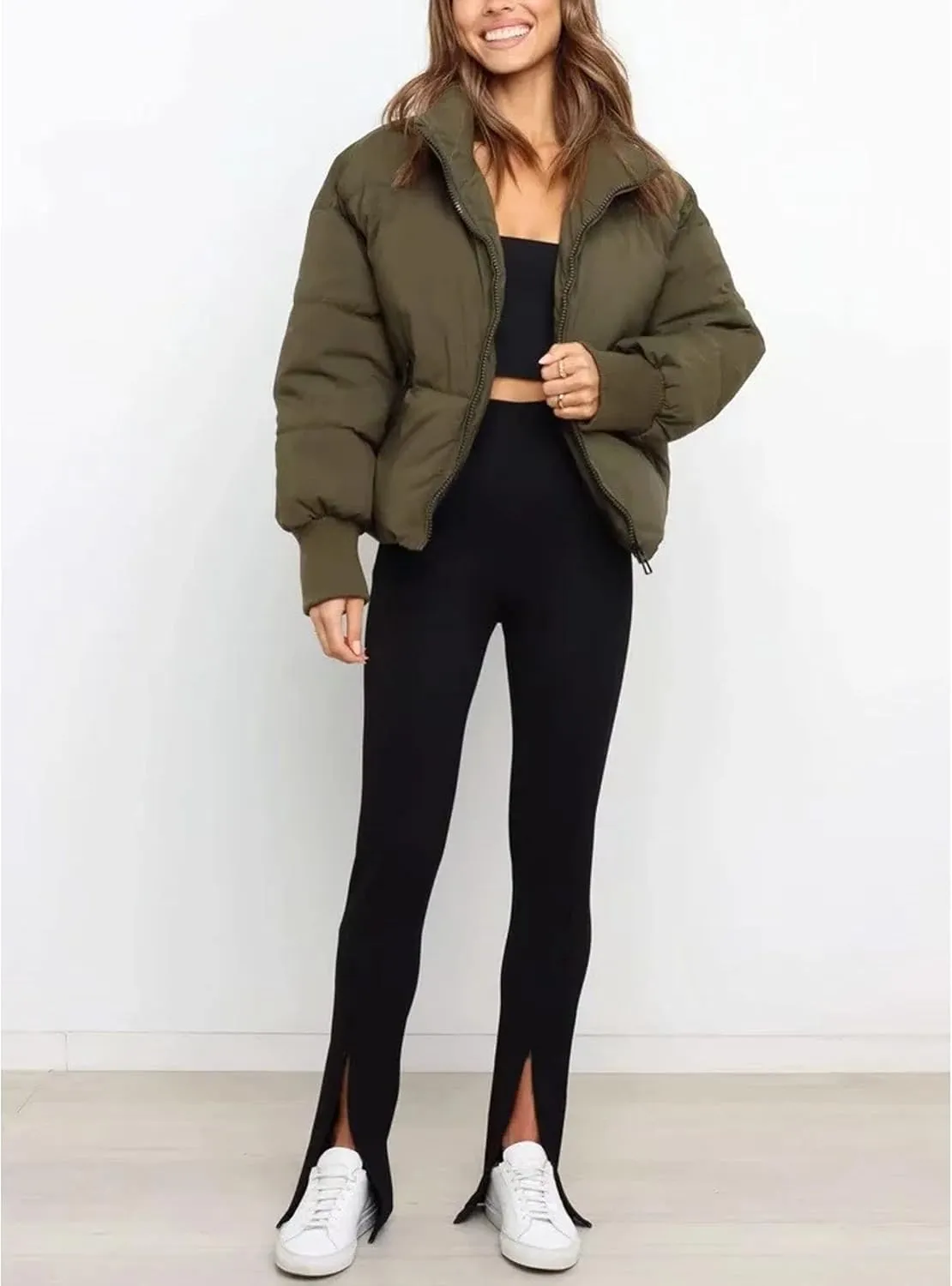 InterNos Women's Winter Stand Collar Zip Puffer Jacket Baggy Short Padded Down Coats