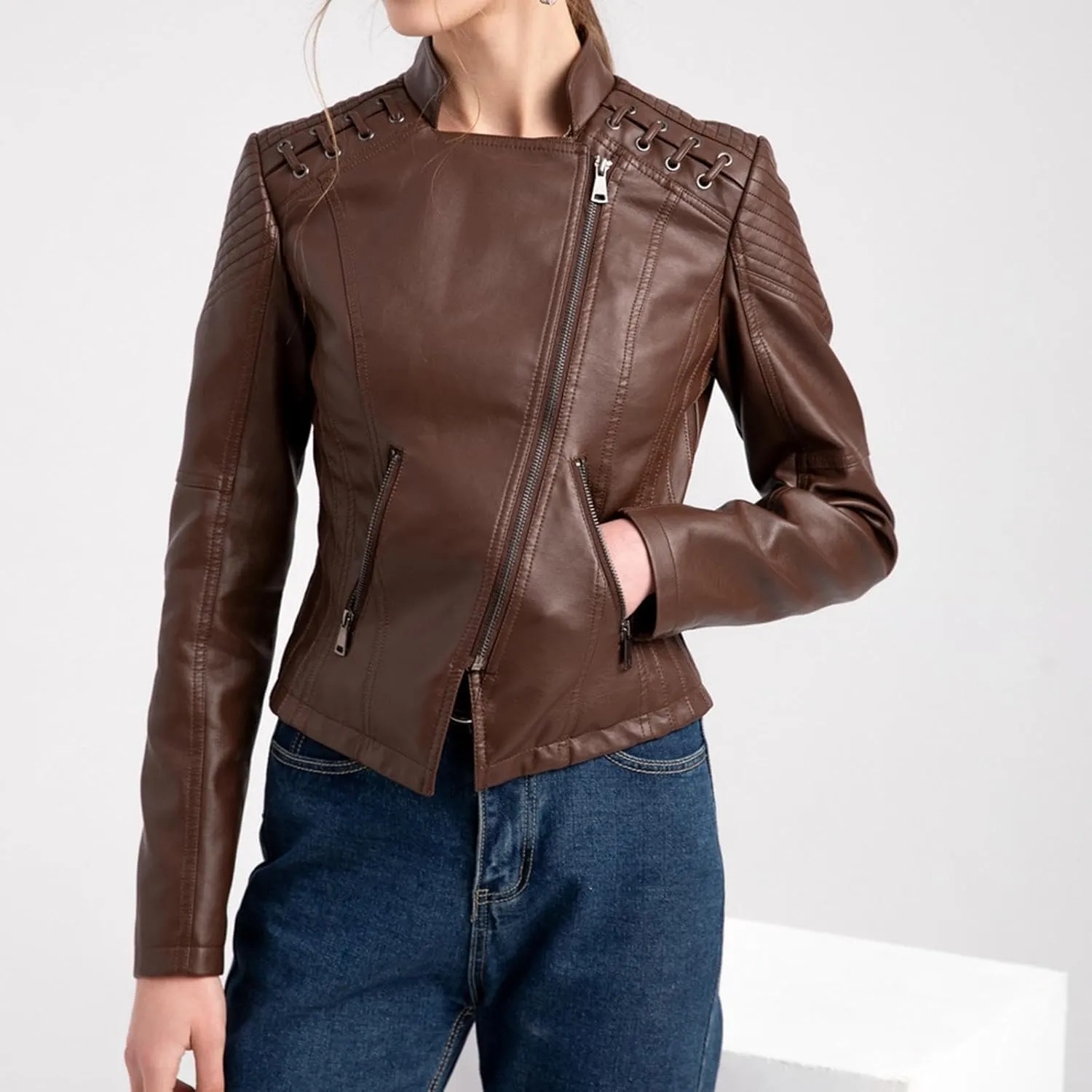 IVERIRMIN Women's Leather Jackets Faux Motorcycle Plus Size Moto Biker Cropped Slim Fit Coat Short Lightweight Jacket Coat