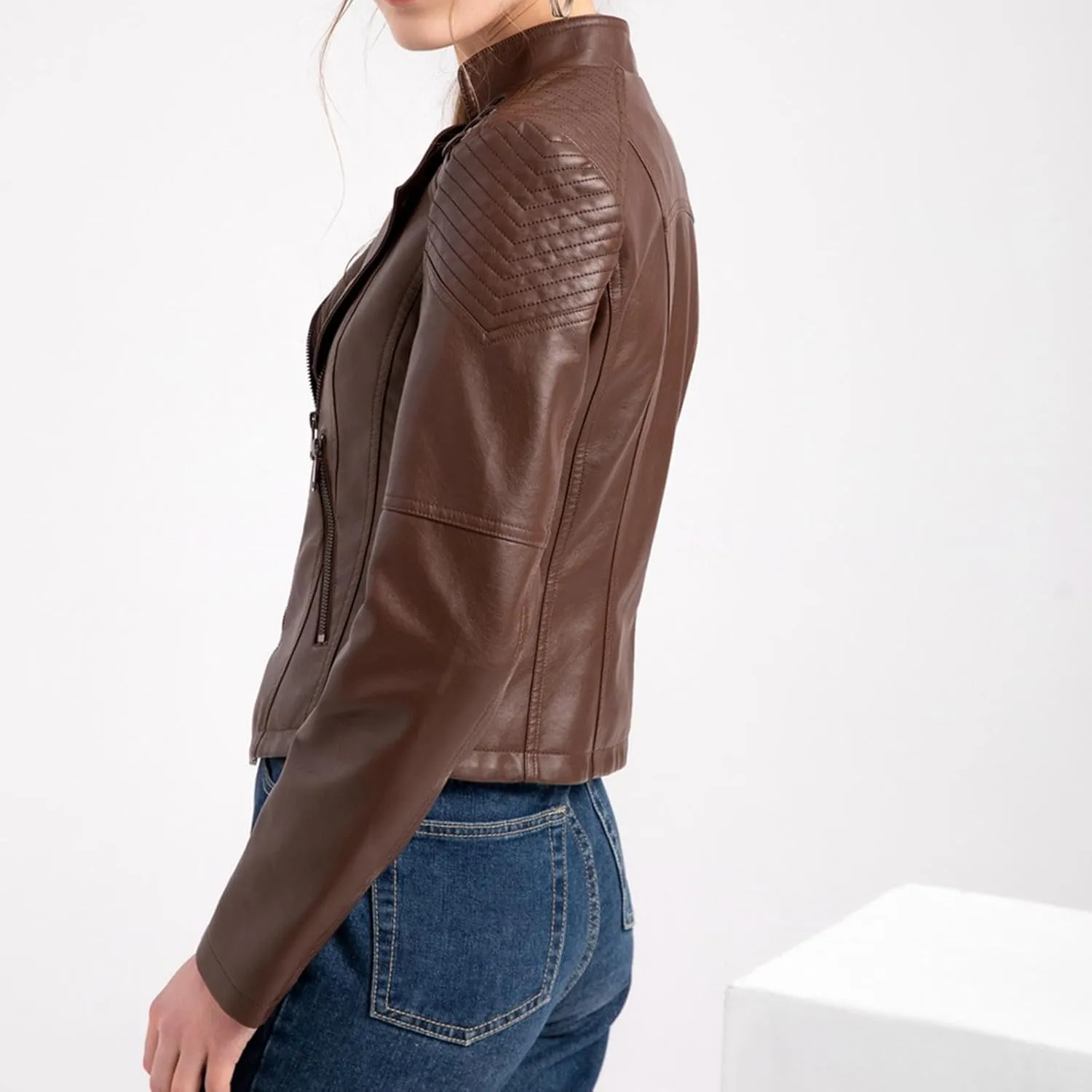 IVERIRMIN Women's Leather Jackets Faux Motorcycle Plus Size Moto Biker Cropped Slim Fit Coat Short Lightweight Jacket Coat