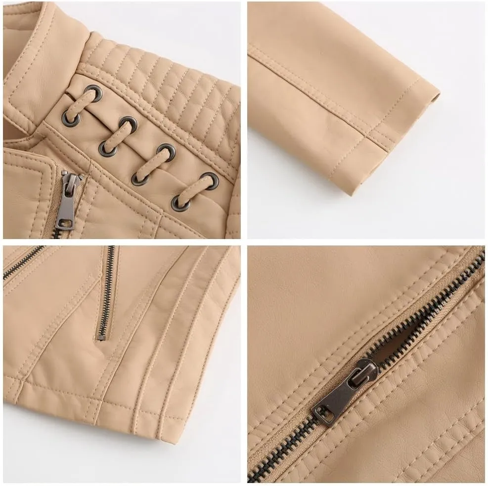 IVERIRMIN Women's Leather Jackets Faux Motorcycle Plus Size Moto Biker Cropped Slim Fit Coat Short Lightweight Jacket Coat