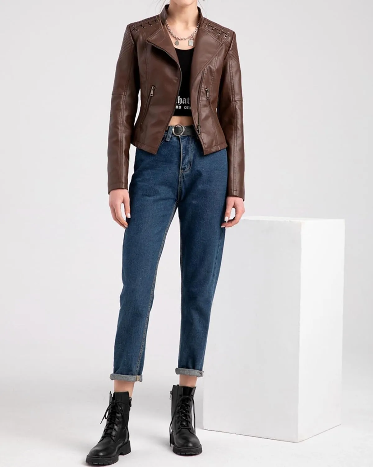 IVERIRMIN Women's Leather Jackets Faux Motorcycle Plus Size Moto Biker Cropped Slim Fit Coat Short Lightweight Jacket Coat