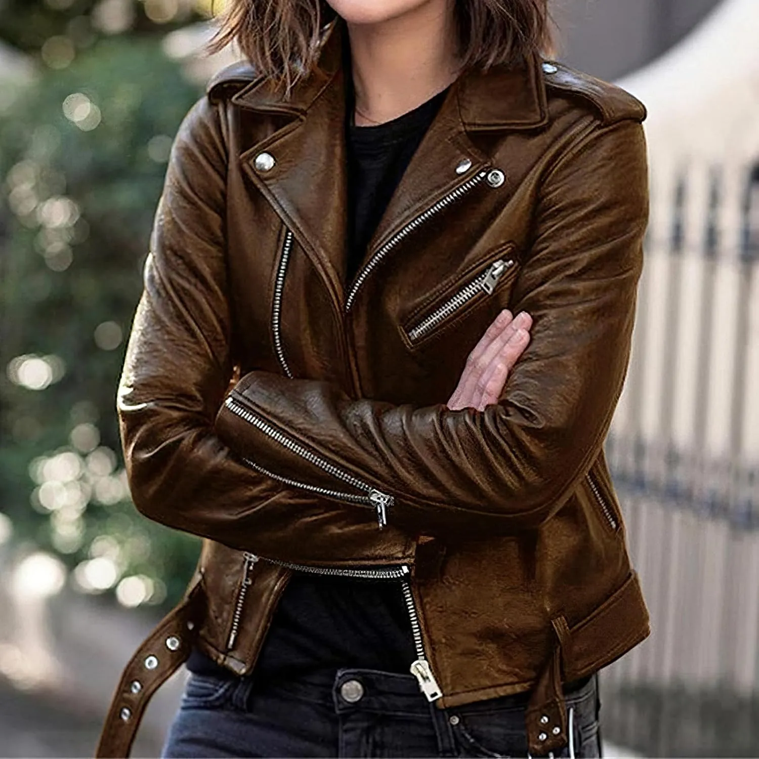IVERIRMIN Womens Leather Jackets Faux Motorcycle Plus Size Moto Biker Cropped Slim Fit Coat Short Lightweight Jacket Coat