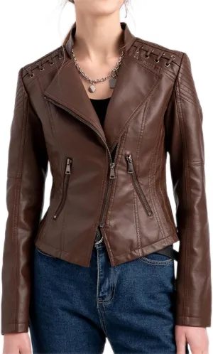 IVERIRMIN Women's Leather Jackets Faux Motorcycle Plus Size Moto Biker Cropped Slim Fit Coat Short Lightweight Jacket Coat