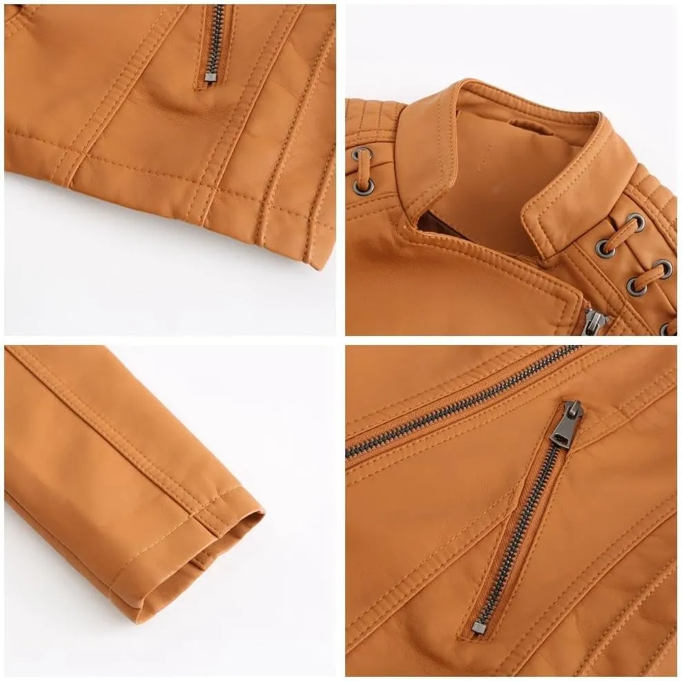 IVERIRMIN Women's Leather Jackets Faux Motorcycle Plus Size Moto Biker Cropped Slim Fit Coat Short Lightweight Jacket Coat