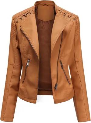 IVERIRMIN Women's Leather Jackets Faux Motorcycle Plus Size Moto Biker Cropped Slim Fit Coat Short Lightweight Jacket Coat