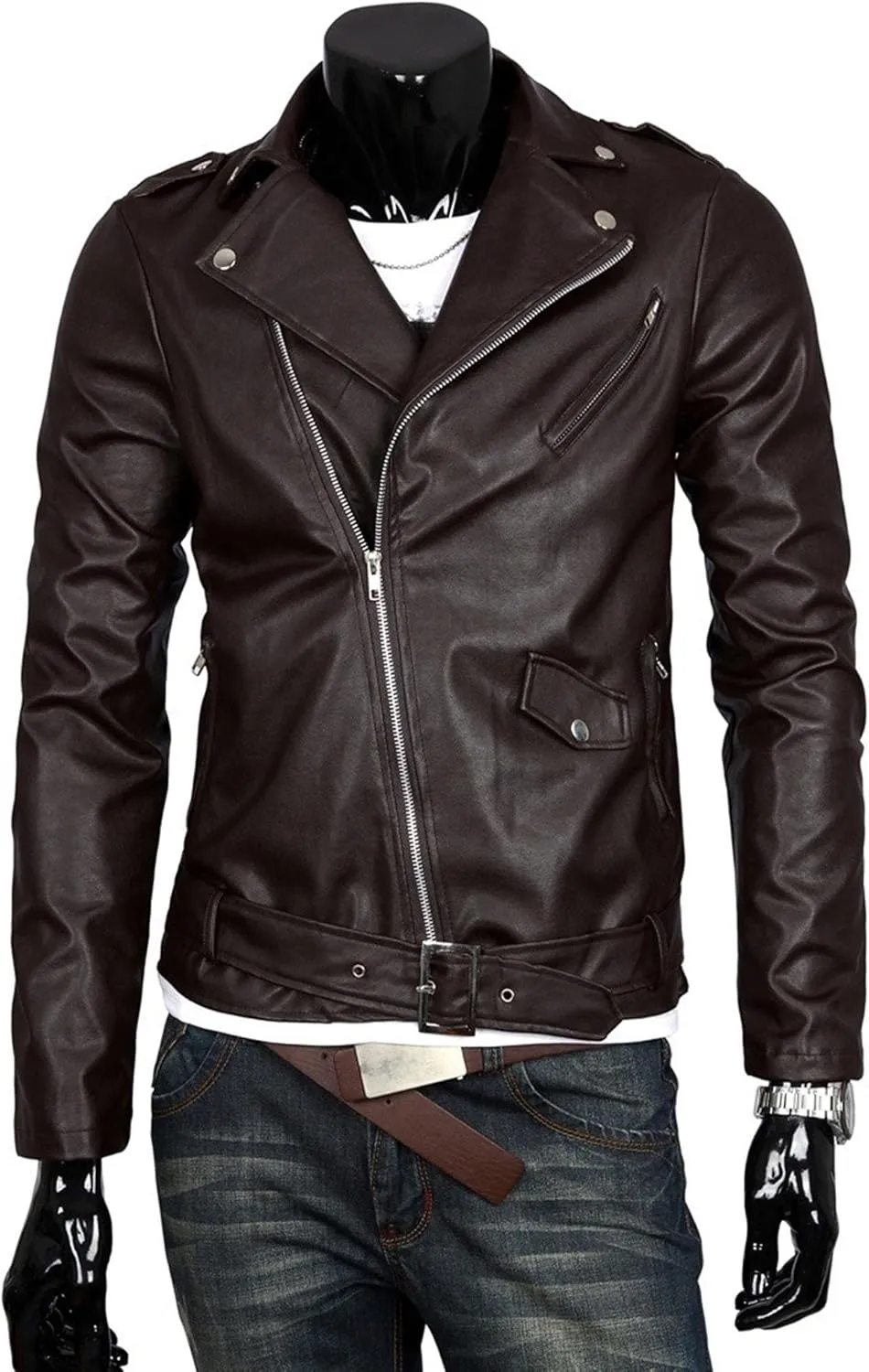 JEKE-DG Faux Leather Jacket For Men Stand Collar Bomber Jackets Motorcycle Asymmetric Zip-Up Blet Slim Fit Biker Coat