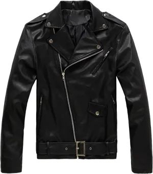 JEKE-DG Faux Leather Jacket For Men Stand Collar Bomber Jackets Motorcycle Asymmetric Zip-Up Blet Slim Fit Biker Coat