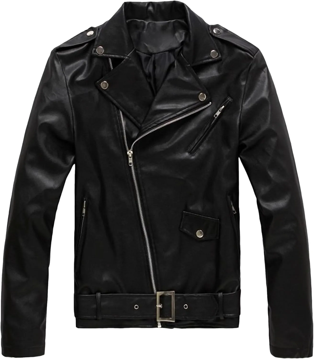 JEKE-DG Faux Leather Jacket For Men Stand Collar Bomber Jackets Motorcycle Asymmetric Zip-Up Blet Slim Fit Biker Coat