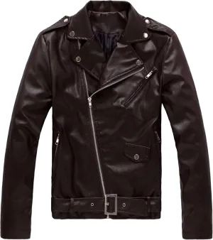 JEKE-DG Faux Leather Jacket For Men Stand Collar Bomber Jackets Motorcycle Asymmetric Zip-Up Blet Slim Fit Biker Coat