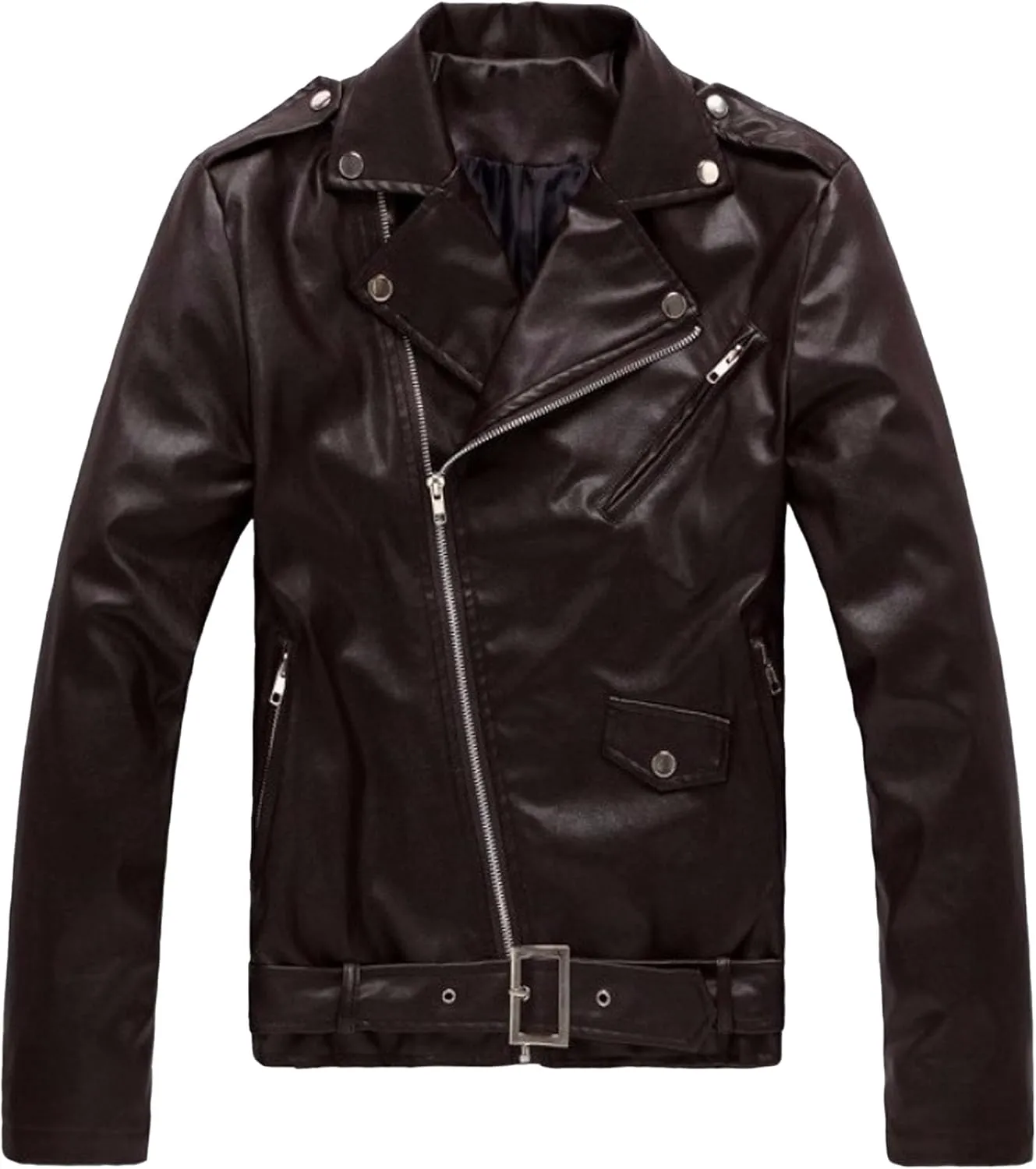 JEKE-DG Faux Leather Jacket For Men Stand Collar Bomber Jackets Motorcycle Asymmetric Zip-Up Blet Slim Fit Biker Coat