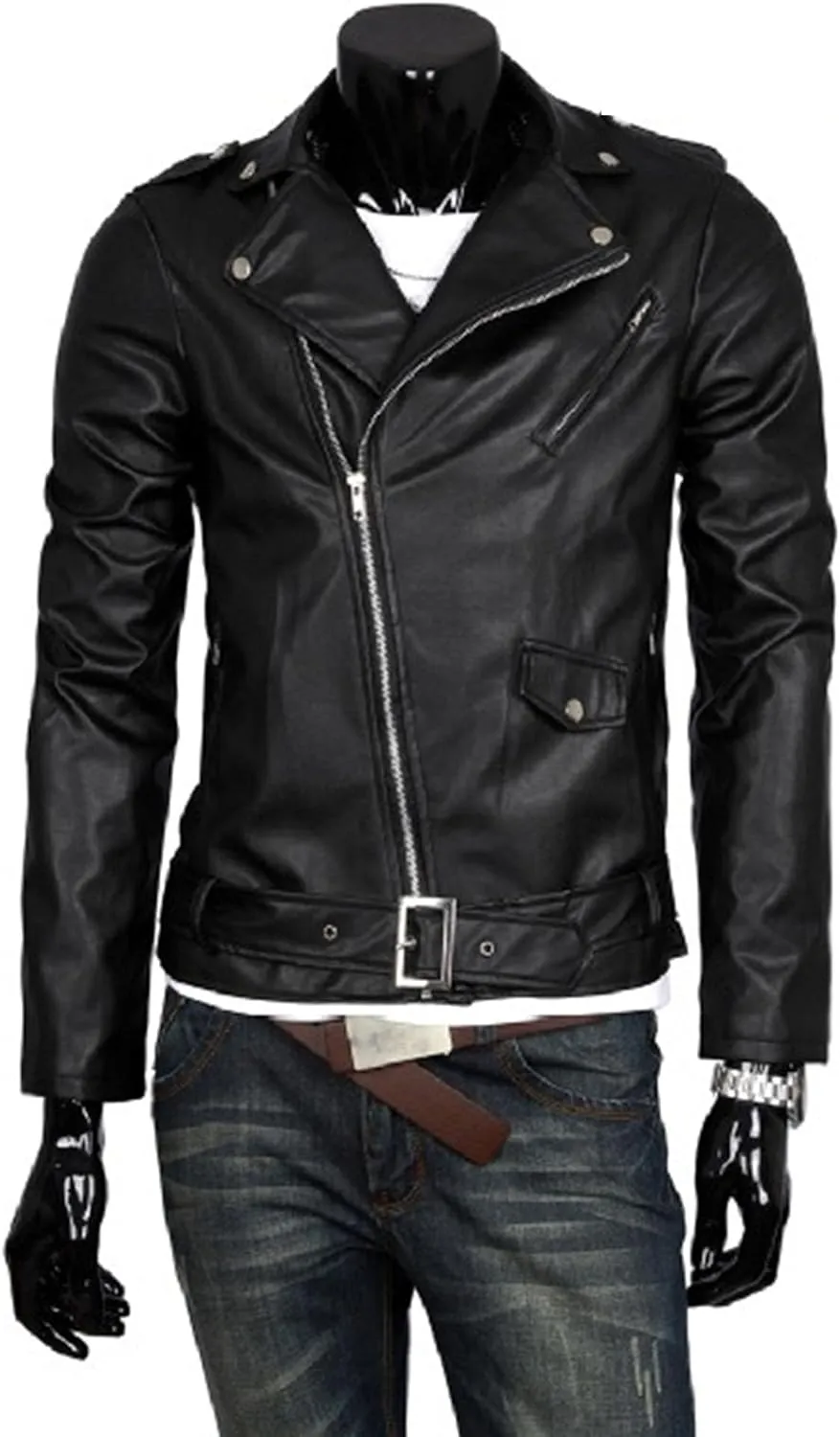 JEKE-DG Faux Leather Jacket For Men Stand Collar Bomber Jackets Motorcycle Asymmetric Zip-Up Blet Slim Fit Biker Coat