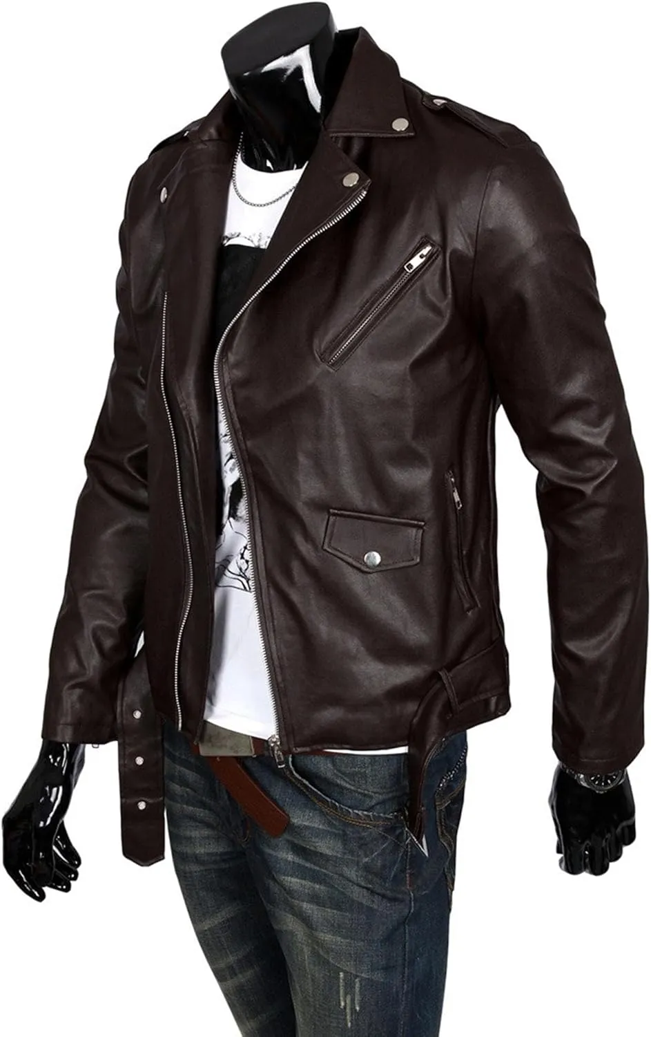 JEKE-DG Faux Leather Jacket For Men Stand Collar Bomber Jackets Motorcycle Asymmetric Zip-Up Blet Slim Fit Biker Coat