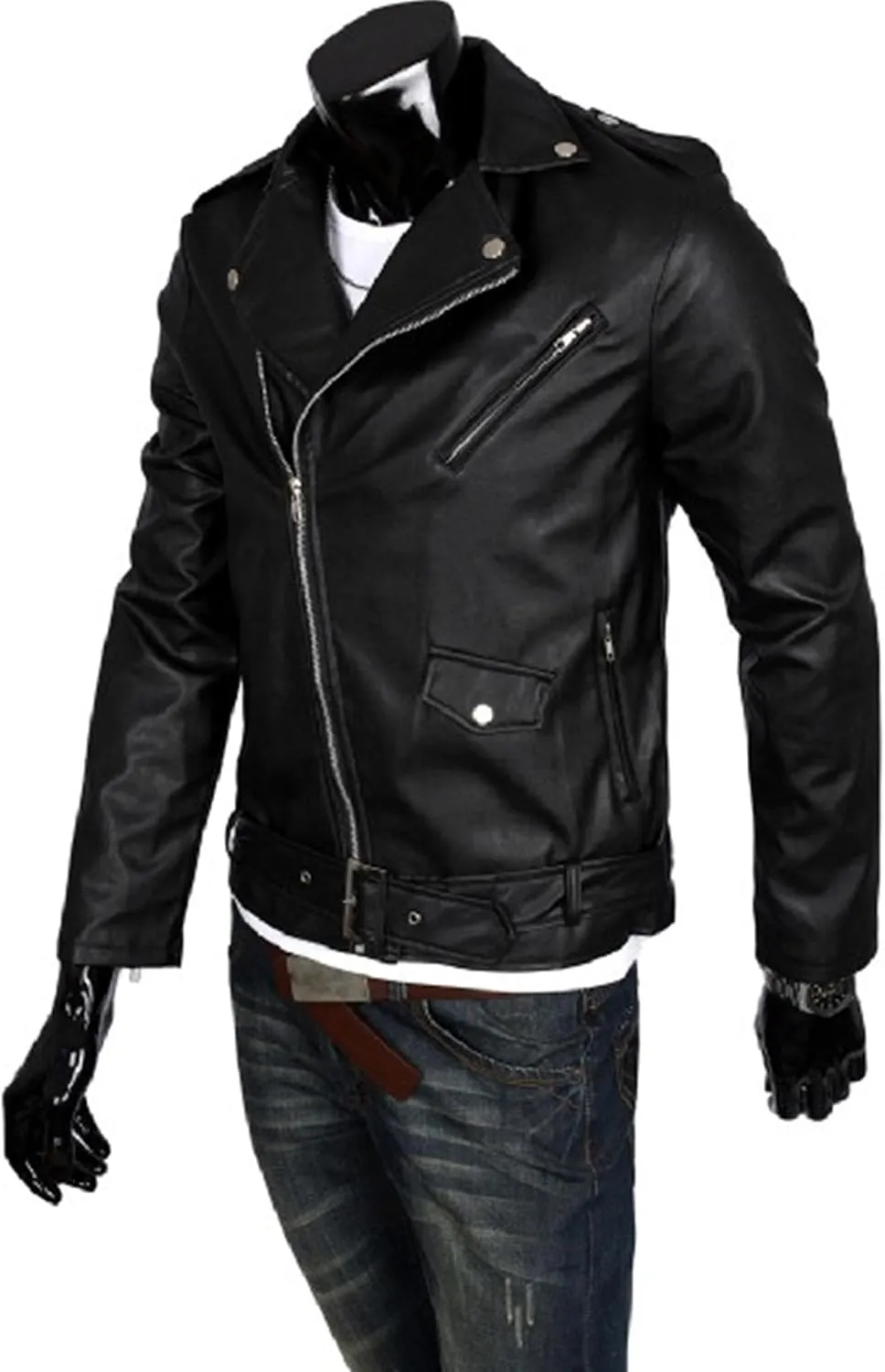 JEKE-DG Faux Leather Jacket For Men Stand Collar Bomber Jackets Motorcycle Asymmetric Zip-Up Blet Slim Fit Biker Coat