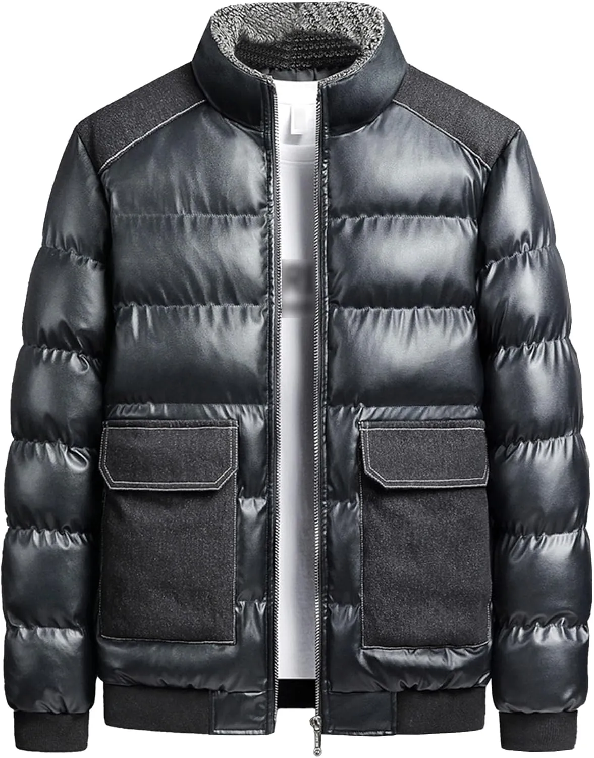 JEsilunmaMY Men's Flap Pocket Bubble Puffer Jacket Fur Stand Collar Cotton Bomber Jacket Thicken Warm Winter Padded Coats