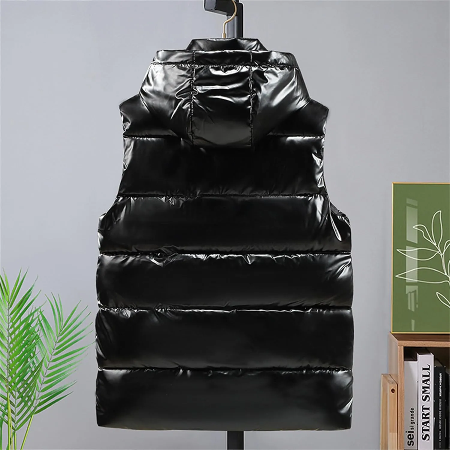 JEsilunmaMY Men's Shiny Winter Hooded Puffer Vest Sleeveless Thicken Warm Cotton Cargo Vest Fashion Padded Down Vest Jacket
