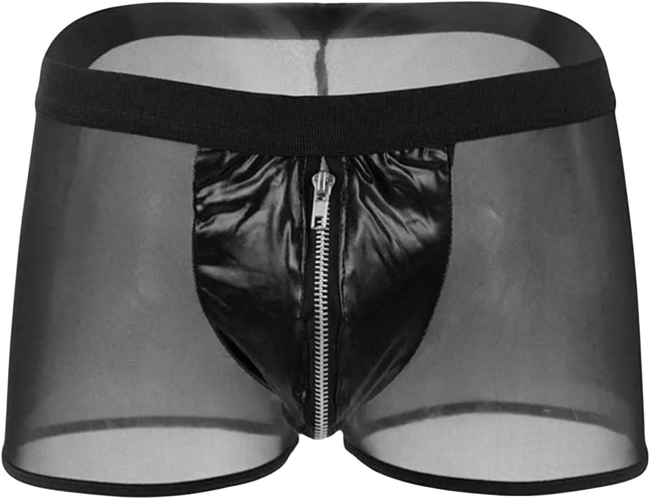 JEsilunmaMY See Through Underwear for Men Mid Waist Leather Zip Pouch Boxer Briefs Mesh Sheer Breathable Lingerie Shorts