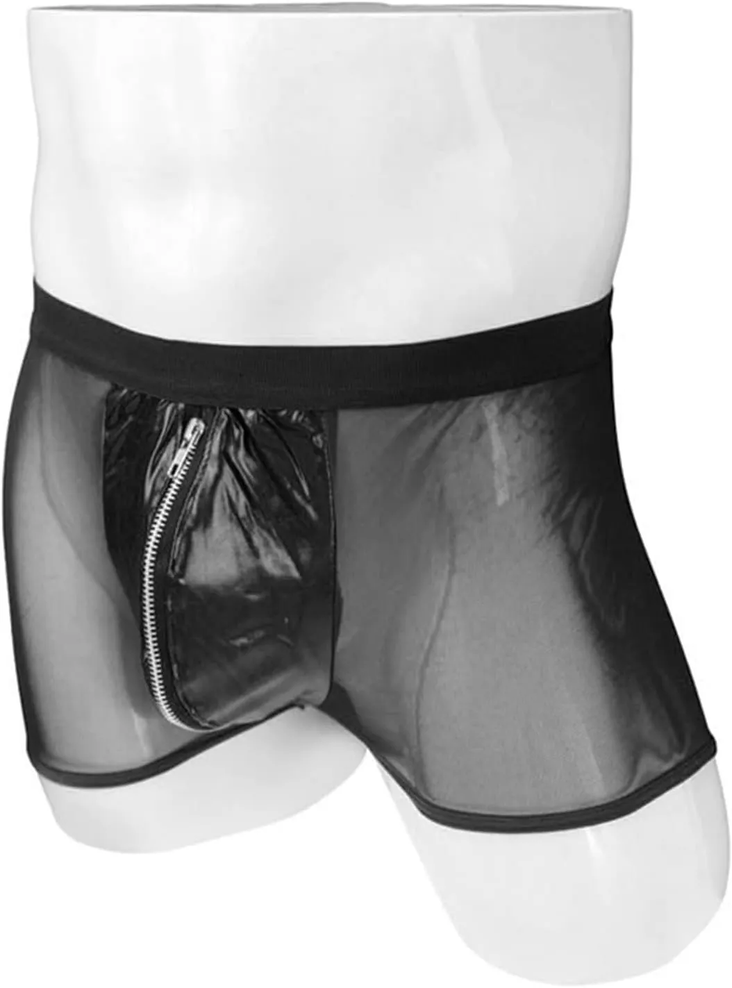 JEsilunmaMY See Through Underwear for Men Mid Waist Leather Zip Pouch Boxer Briefs Mesh Sheer Breathable Lingerie Shorts
