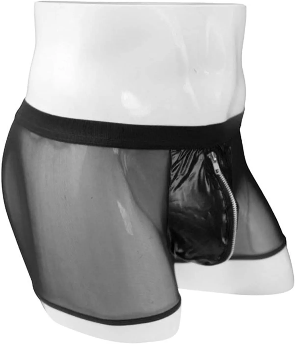JEsilunmaMY See Through Underwear for Men Mid Waist Leather Zip Pouch Boxer Briefs Mesh Sheer Breathable Lingerie Shorts