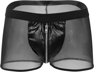JEsilunmaMY See Through Underwear for Men Mid Waist Leather Zip Pouch Boxer Briefs Mesh Sheer Breathable Lingerie Shorts