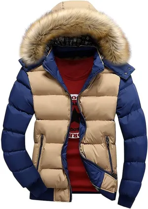 JITUUE Down Jacket Men Winter Snow Puffer Coats Fur Hooded Thick Cotton-Padded Quilted Casual Warm Outwear Down Jacket